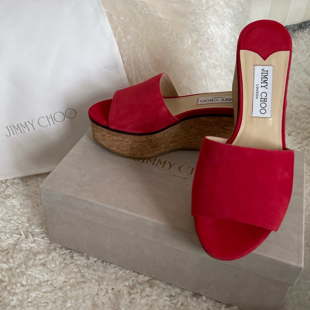 New JIMMY CHOO Red Deedee 80 Suede Wedge Sandals - NWOT